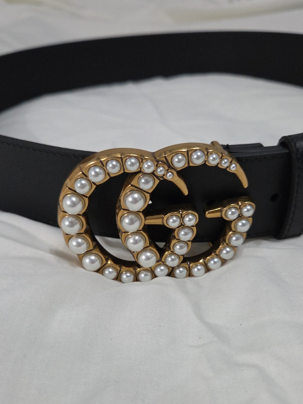 Gucci Black Marmont Pearl Belt Gold GG Buckle